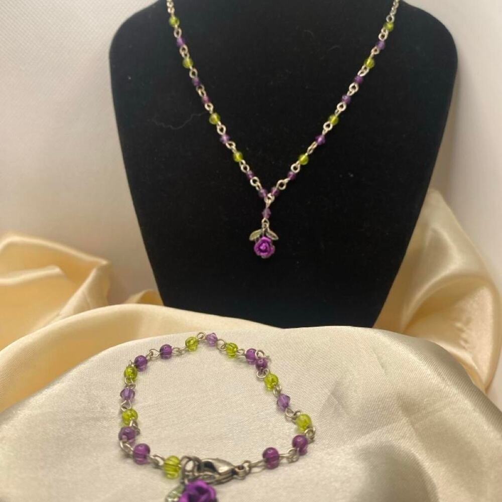 Vintage Fairycore Purple Rose Bracelet Set Green Beads Enchanted Garden Necklace